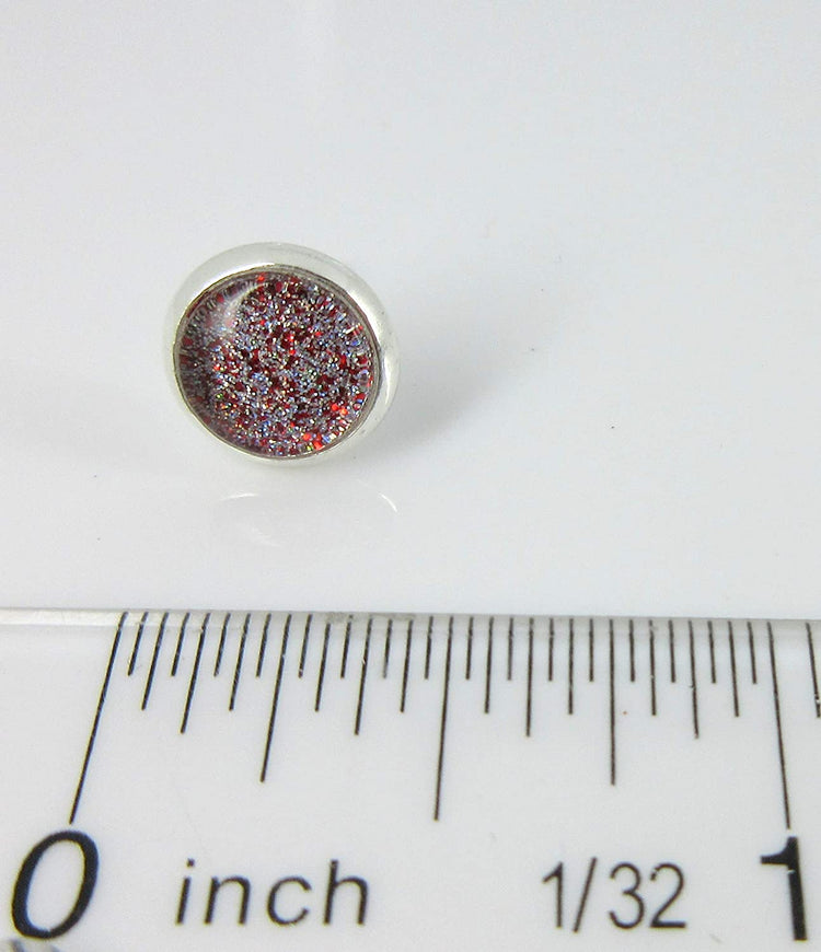 Silver-tone Red and Holographic Glitter Glass Stud Earrings Hand-painted 8mm