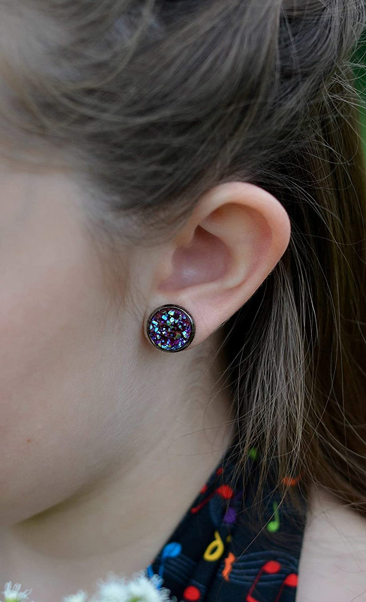 Hematite-tone Maroon Faux Druzy Stone Stud Earrings 12mm