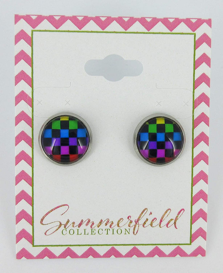 Stainless Steel Rainbow and Black Checkerboard Print Glass Stud Earrings 12mm