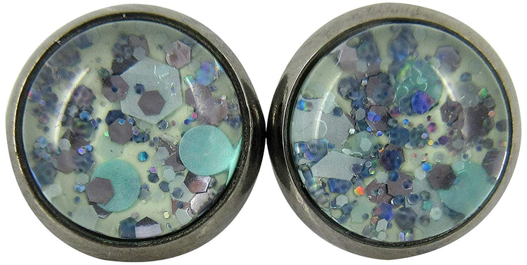 Hematite-tone Mint Green and Silver Glitter Glass Stud Earrings Hand-painted 10mm