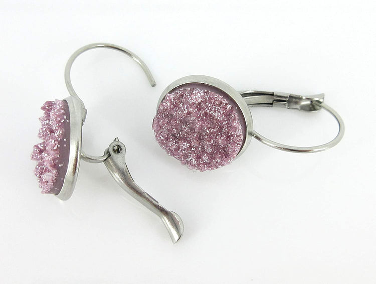 Stainless Steel Lilac Glitter Faux Druzy Stone Lever-back Drop Earrings 12mm