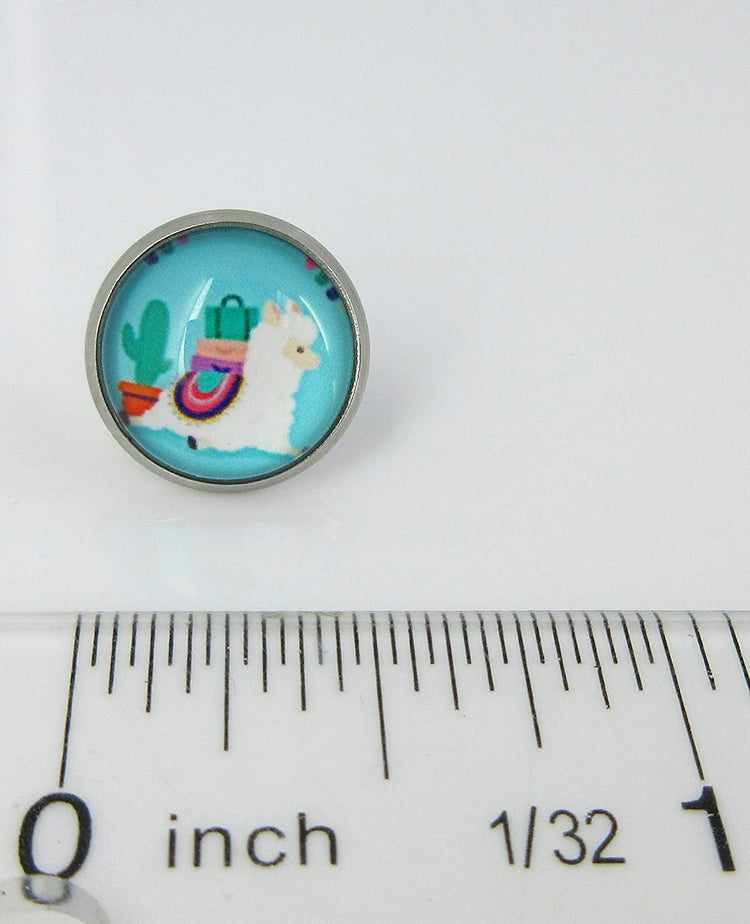 Stainless Steel Aqua Blue Llama and Cactus Print Glass Stud Earrings 12mm