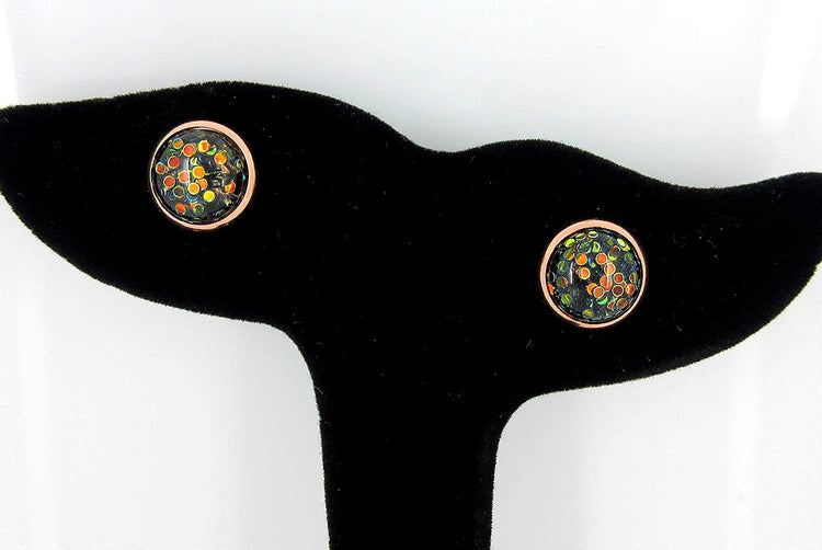 Rose Gold-tone Black and Green Iridescent Glitter Resin Stud Earrings 10mm