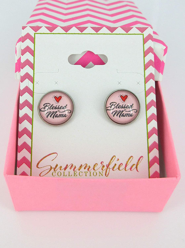 Stainless Steel Blessed Mama Print Glass Stud Earrings 12mm