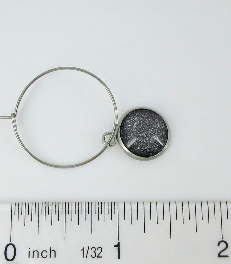 Stainless Steel Charcoal Gray Glitter Glass Charm Hoop Earrings Hand-painted 1"