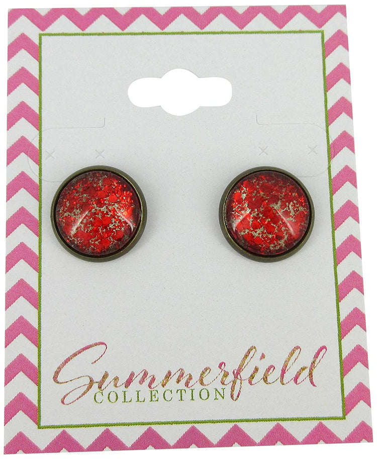 Antiqued Gold-tone Red Glitter Glass Stud Earrings Hand-painted 12mm