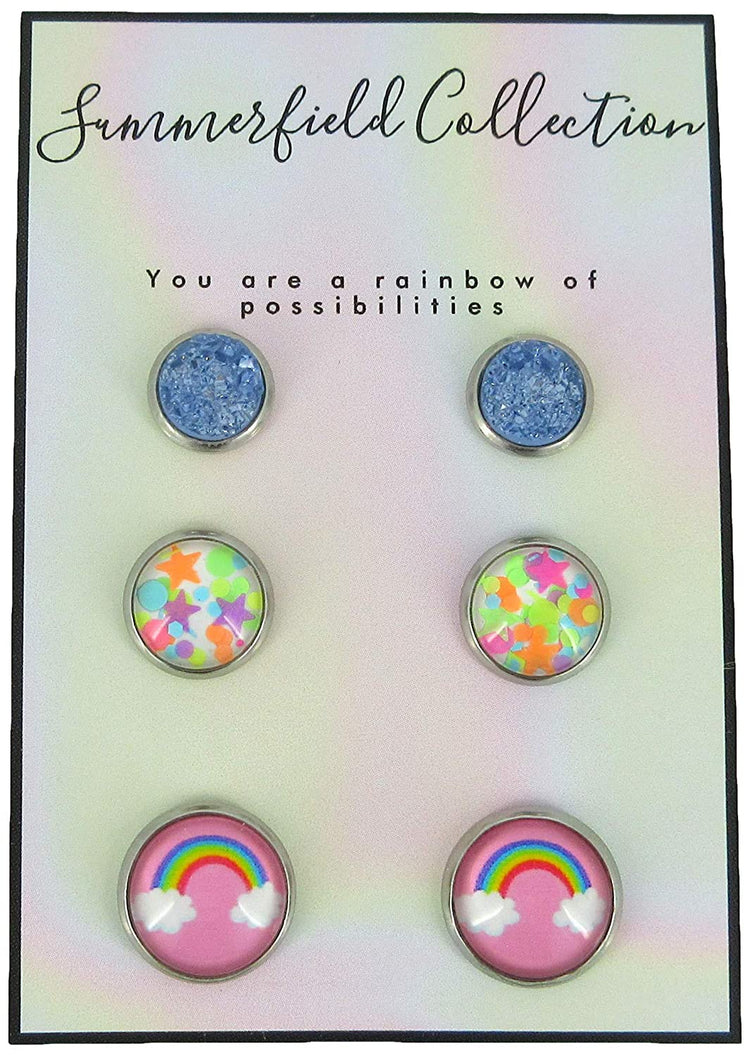 Stainless Steel Rainbow of Possibilities Trio Stud Earrings Set Faux Druzy Glass
