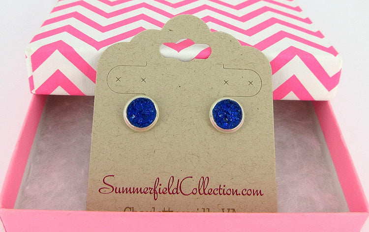 Silver-tone Royal Blue Faux Druzy Stone Stud Earrings 8mm