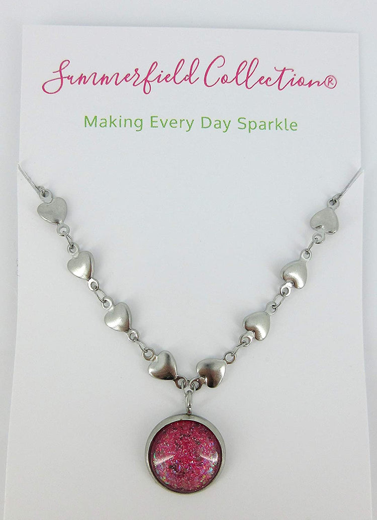 Stainless Steel Heart Chain and Pink Glitter Glass Pendant Necklace