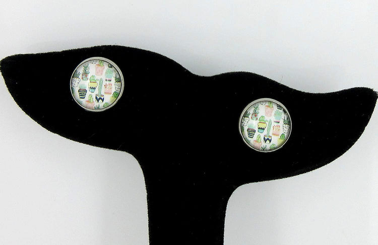 Stainless Steel Potted Succulent Print Glass Stud Earrings 12mm