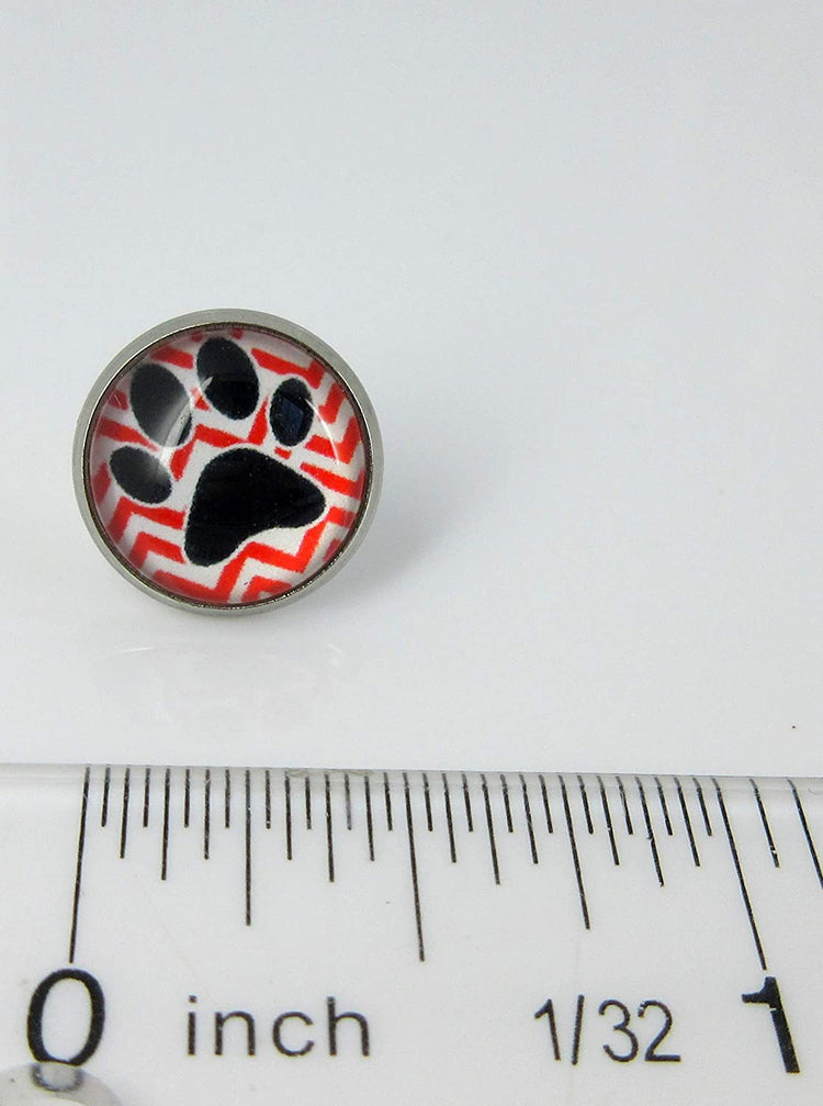 Stainless Steel Red Chevron and Black Paw Print Pink Glass Stud Earrings 12mm