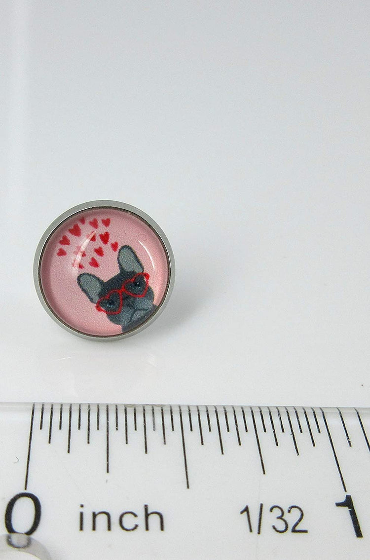 Stainless Steel French Bulldog Sunglasses Print Glass Stud Earrings 12mm
