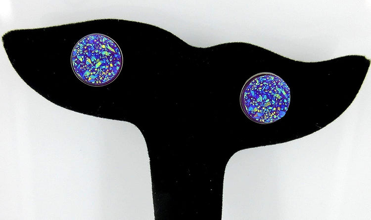 Hematite-tone Purple Faux Druzy Stone Stud Earrings 12mm