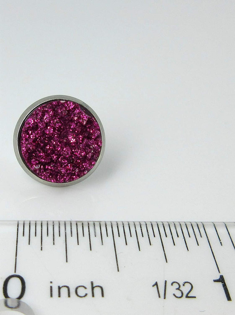 Stainless Steel Pink and Purple Glitter Faux Druzy Stone Stud Trio Earrings Set