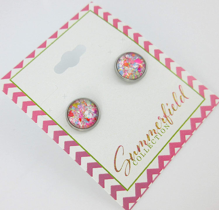 Stainless Steel Happy Confetti Glitter Glass Stud Earrings Hand-painted 10mm
