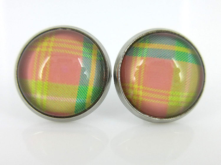Stainless Steel Duo Stud Earrings Plaid Print Glass 12mm Set