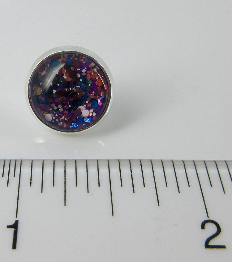 Silver-tone Purple and Multi Color Glitter Glass Stud Earrings Hand-painted 12mm