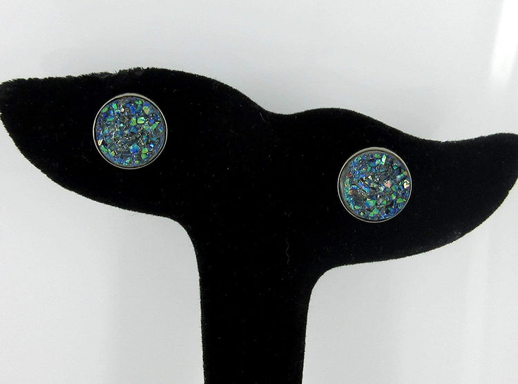 Hematite-tone Gray Green Blue AB Faux Druzy Stone Stud Earrings 12mm