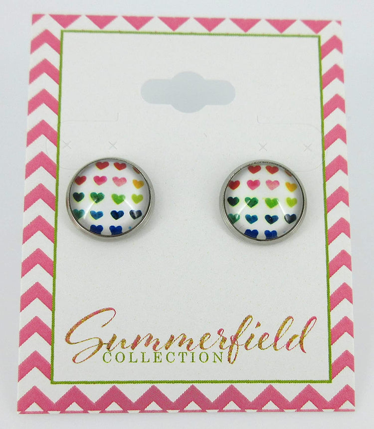 Stainless Steel Rainbow Multi Heart Print Glass Stud Earrings 12mm White Red