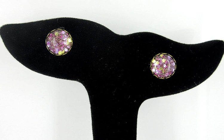Antiqued Gold-tone Purple Glitter Glass Stud Earrings Hand-painted 10mm