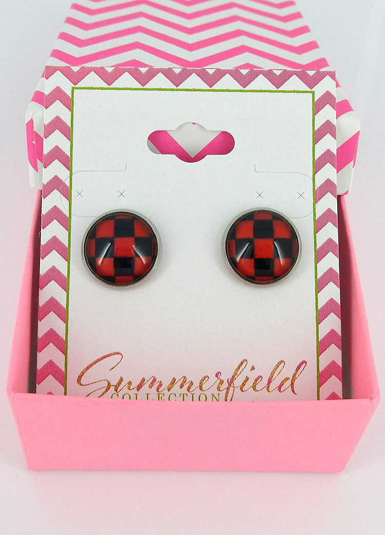 Stainless Steel Red and Black Checkerboard Print Glass Stud Earrings 12mm