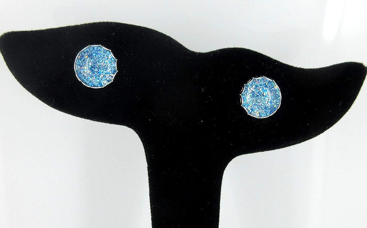 Silver-tone Blue Sparkle Glitter Glass Stud Earrings Hand-painted 10mm