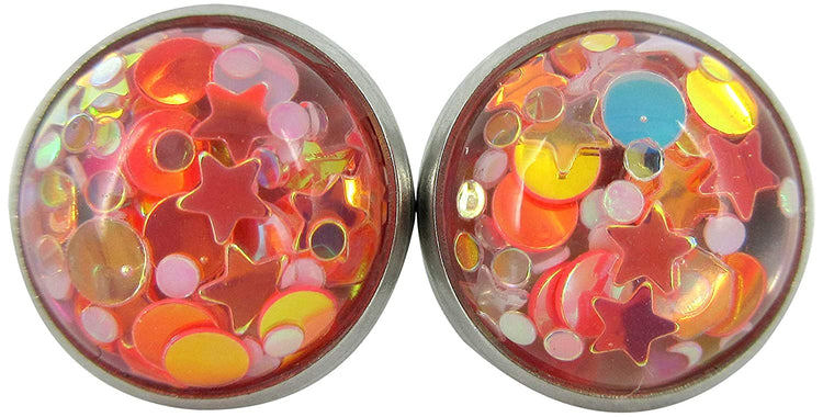 Stainless Steel Glitter Resin Globe Stud Earrings 12mm (Lilac)