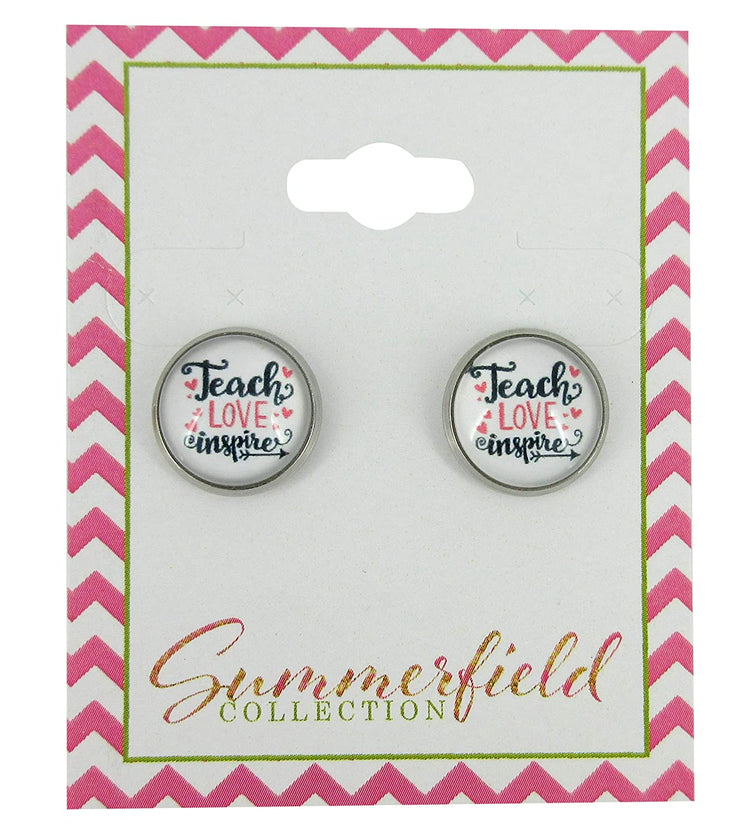 Stainless Steel Teacher Love Inspire Print Glass Stud Earrings 12mm