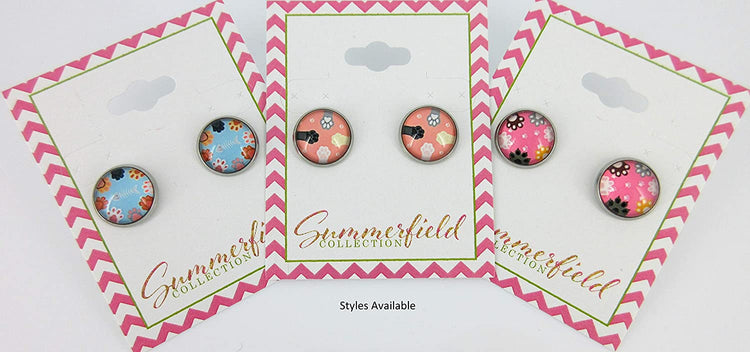 Stainless Steel Pink Cat Paw Print Glass Stud Earrings 12mm