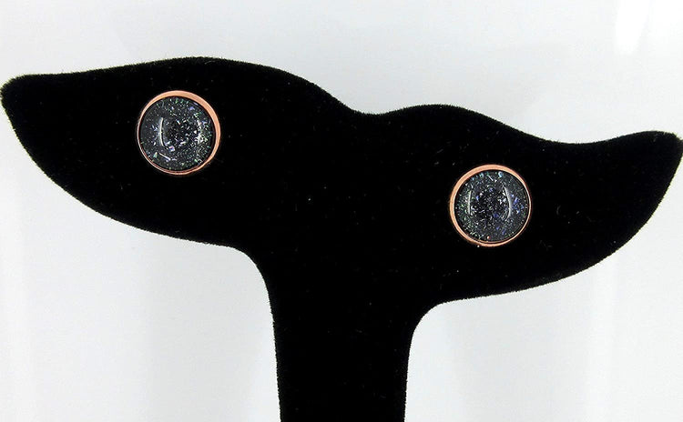 Rose Gold-tone Black and Holographic Flake Glitter Glass Stud Earrings Hand-painted 10mm