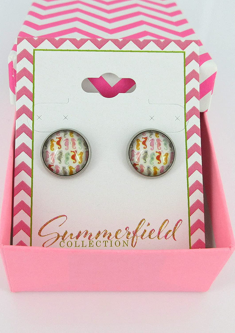 Stainless Steel Colorful Seahorse Print Glass Stud Earrings 12mm