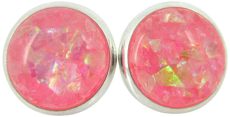 Shiny Silver-tone Opalescent Leaf Resin Stud Earrings 10mm (Cotton Candy Pink)