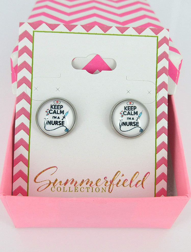 Stainless Steel Keep Calm I'm a Nurse Print Glass Stud Earrings 12mm White Black Red