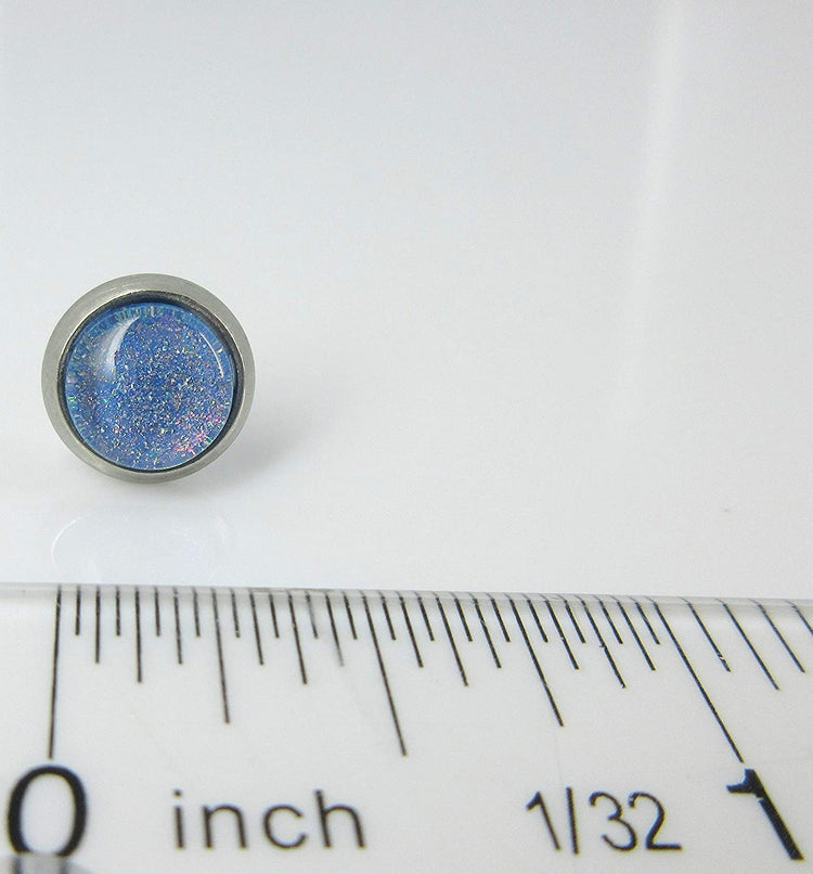 Stainless Steel Sky Blue and Rainbow Glitter Flake Glass Stud Earrings Hand-painted
