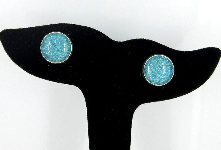 Silver-tone Soft Teal Green Blue Glitter Glass Stud Earrings Hand-painted 12mm