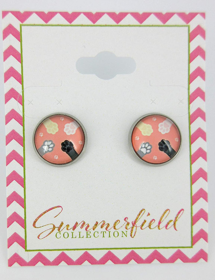 Stainless Steel Peach Cat Paw Print Glass Stud Earrings 12mm