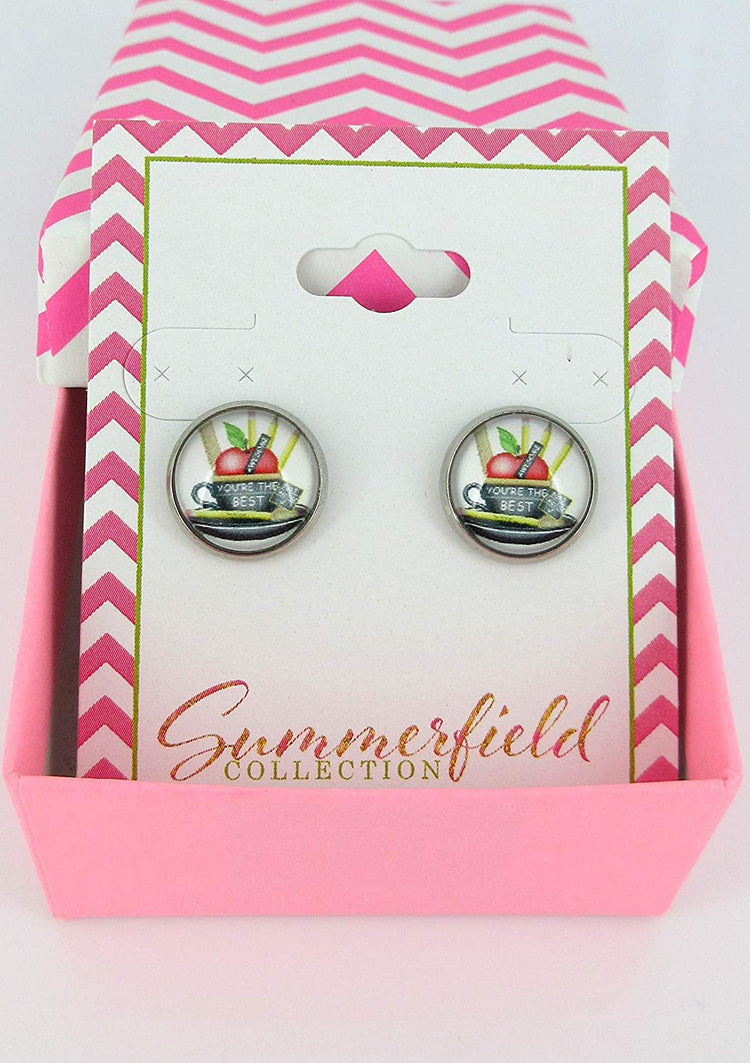Stainless Steel Teacher Red Apple You're The Best Print Glass Stud Earrings 12mm