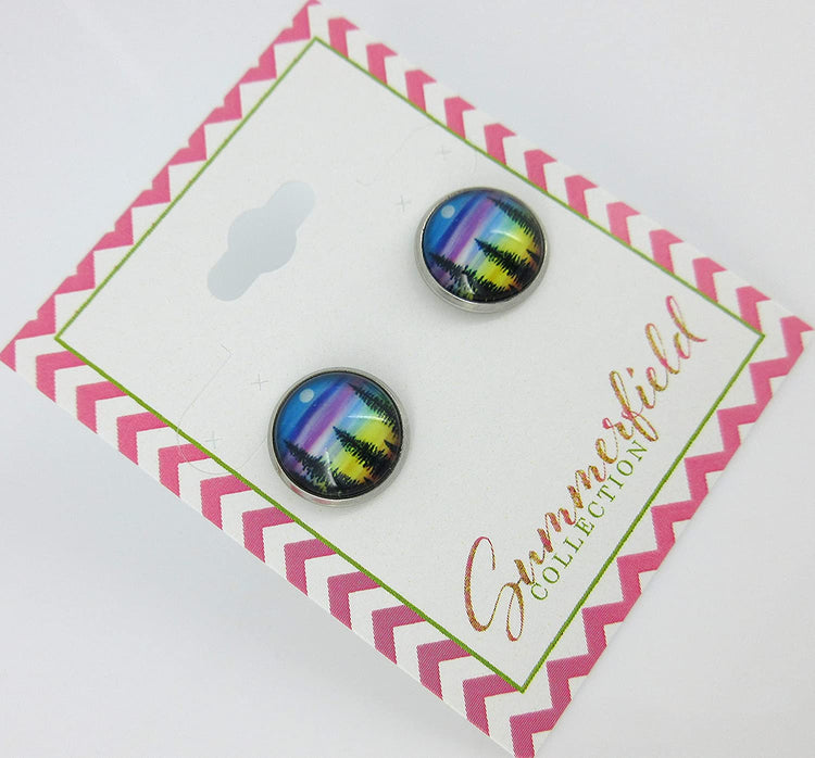 Stainless Steel Forest Rainbow Sunset Print Glass Stud Earrings 12mm