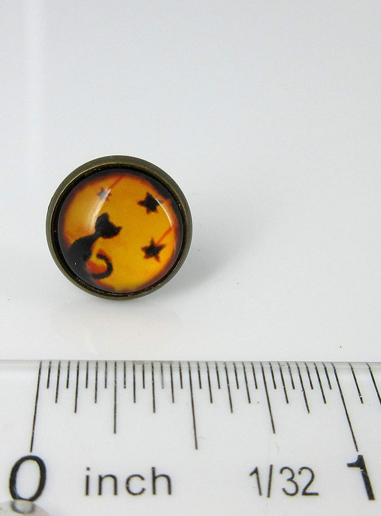 Antiqued Gold-tone Orange and Black Halloween Cat Print Glass Stud Earrings 12mm