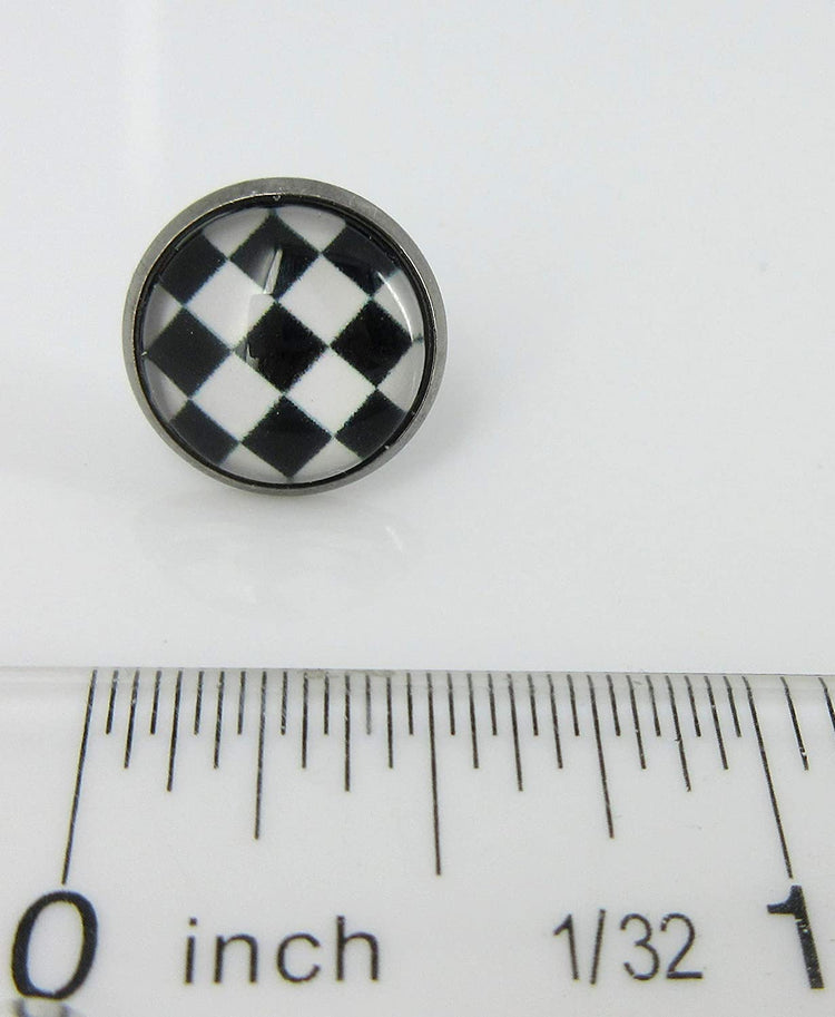 Hematite-tone Black and White Checkerboard Print Glass Stud Earrings 12mm