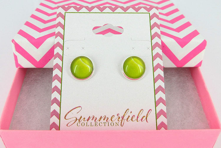 Silver-tone Tennis Ball Print Glass Stud Earrings 10mm