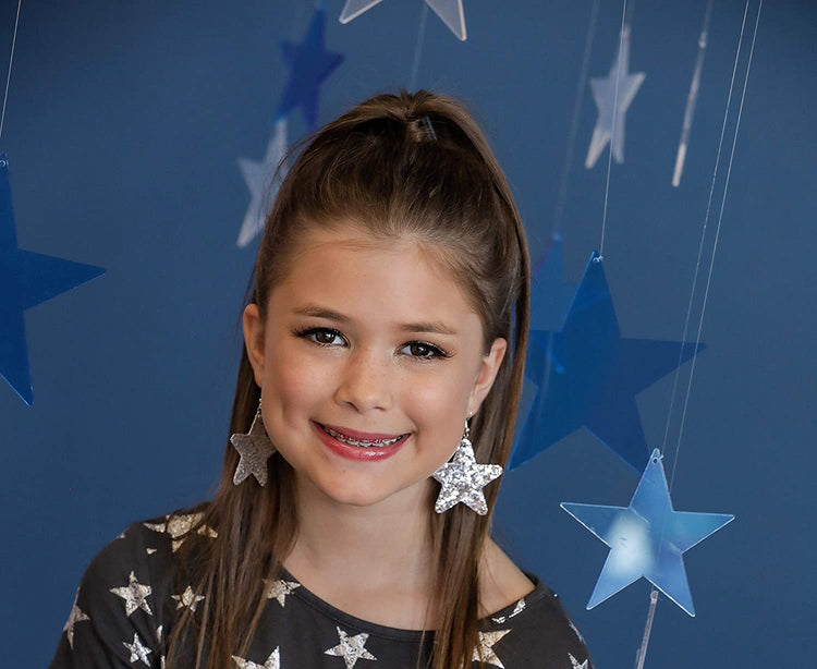 Silver Glitter Faux Leather Large Star Dangle Earrings
