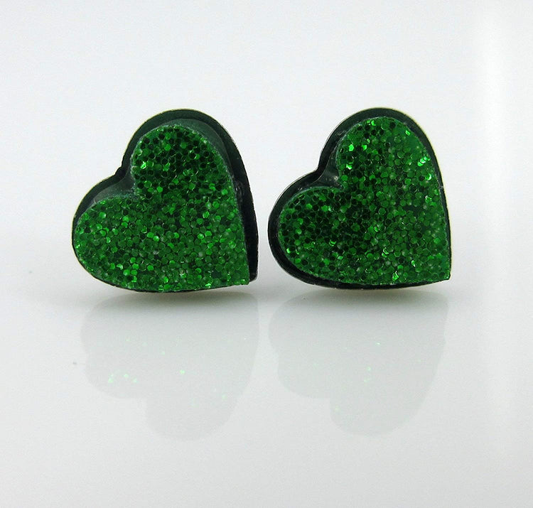 Stainless Steel Shamrock Green Glitter Acrylic Heart Stud Earrings 8mm