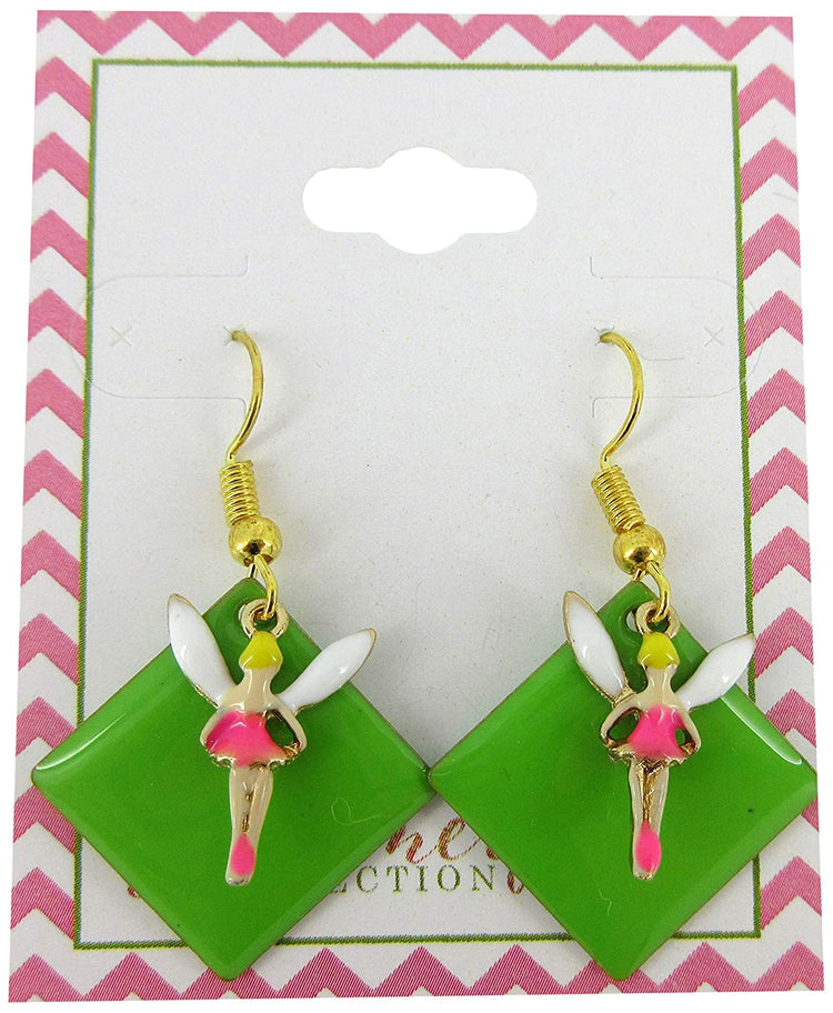 Gold-tone Green Enamel Fairy Charm Dangle Earrings