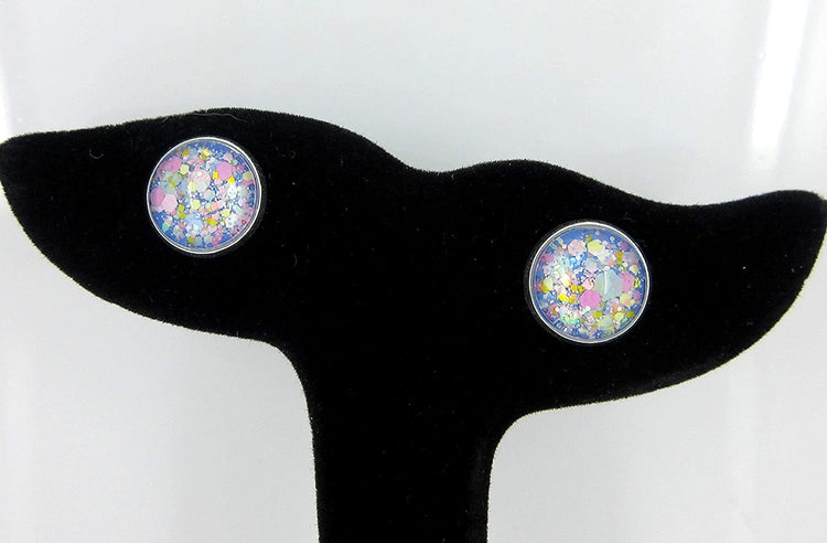 Silver-Tone Blue Pastel Periwinkle Glitter Glass Stud Earrings 1/2" Round