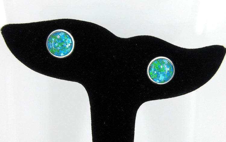 Silver-tone Aqua Blue and Green Glitter Glass Stud Earrings Hand-painted 10mm