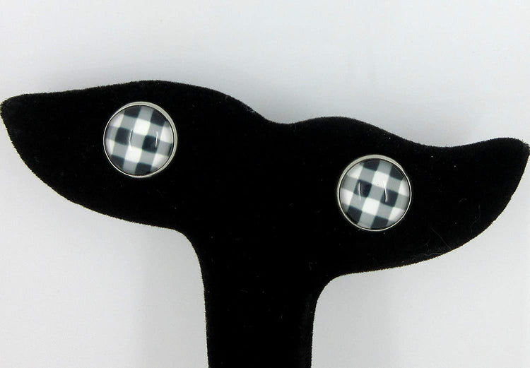 Stainless Steel Black and White Buffalo Plaid Print Glass Stud Earrings 12mm
