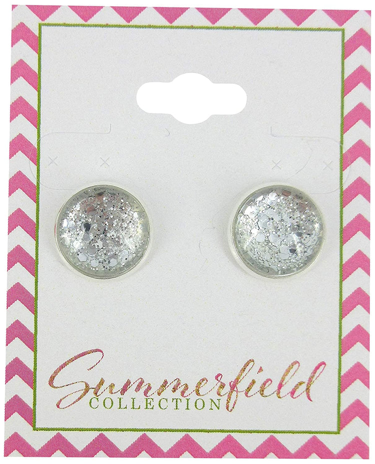 Silver-tone Glitter Glass Stud Earrings 12mm Hand-painted