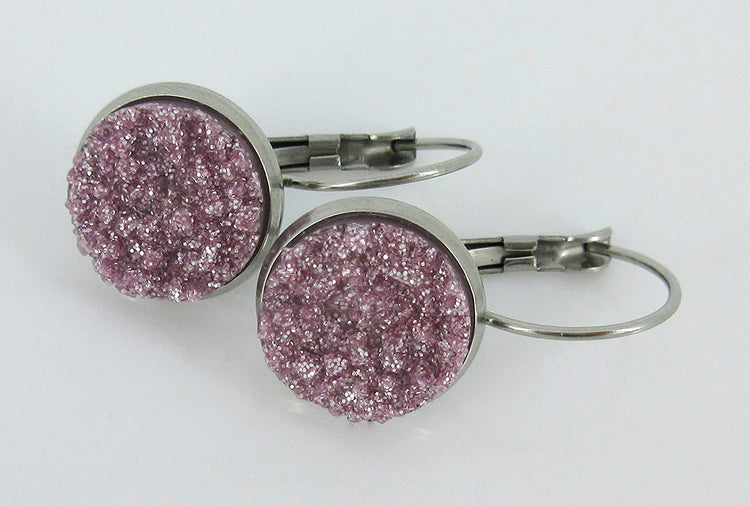 Stainless Steel Lilac Glitter Faux Druzy Stone Lever-back Drop Earrings 12mm