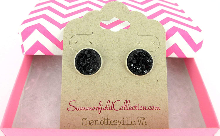 Silver-tone Black Faux Druzy Stone Stud Earrings 12mm